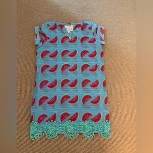 Sail to Sable
Blue Dress with Red Watermelon Print and Lace Trim